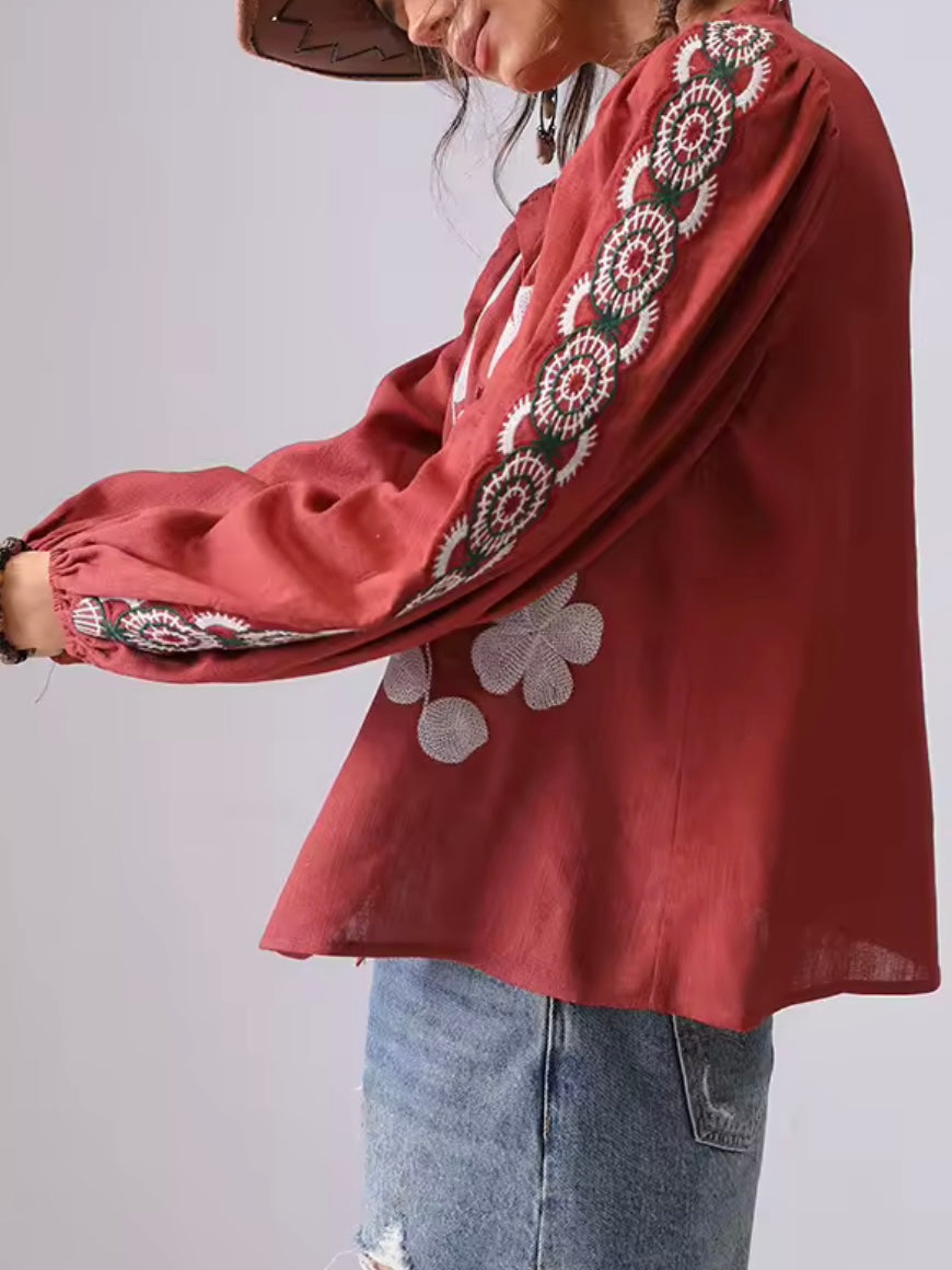 Burgundy and white embroidered floral shirt