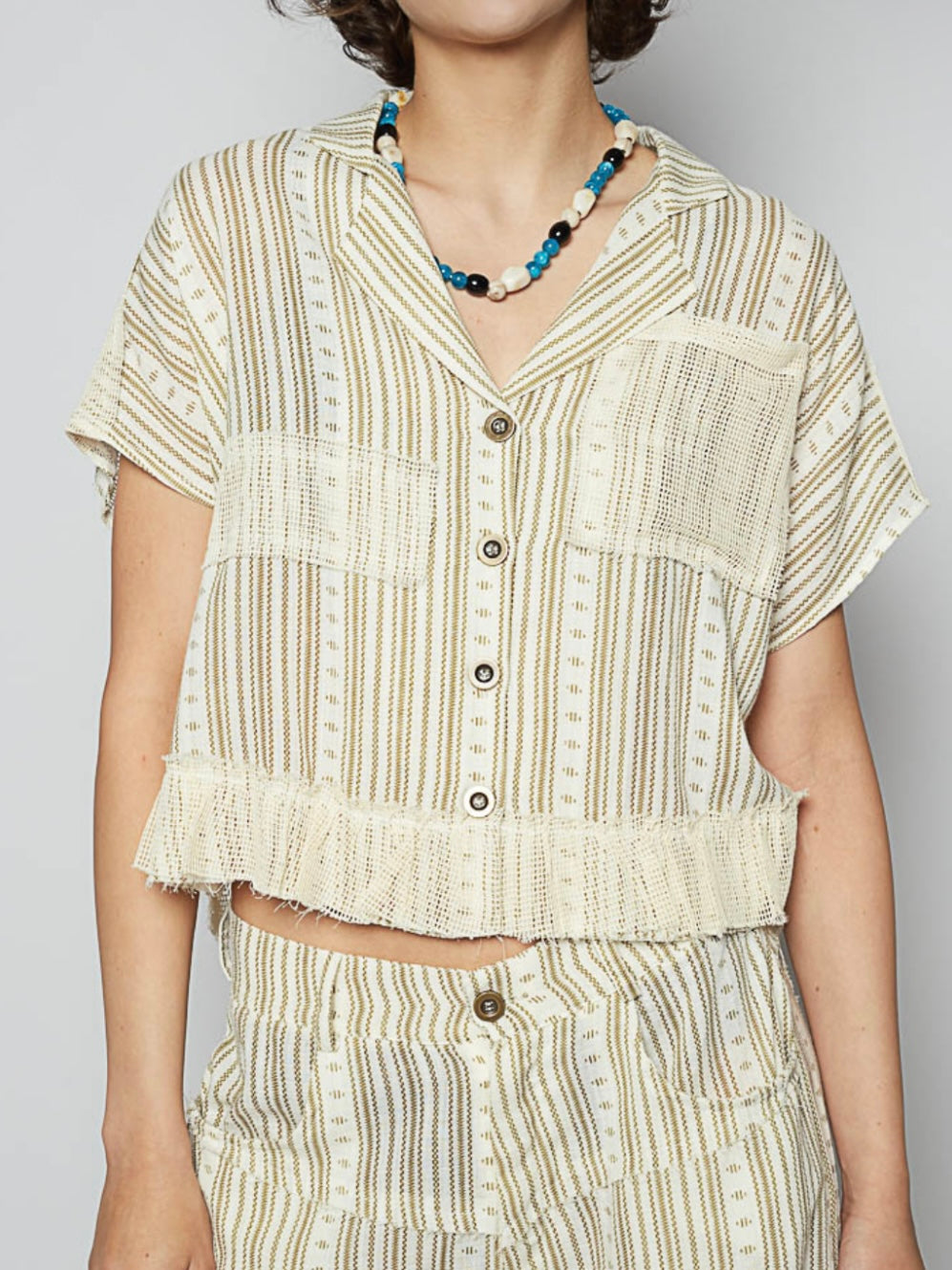 Beige boho striped pattern pants and shirt set