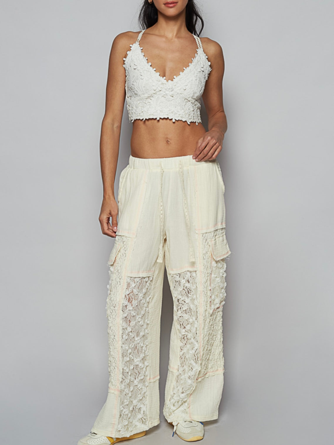 Off white pattern pants and top set
