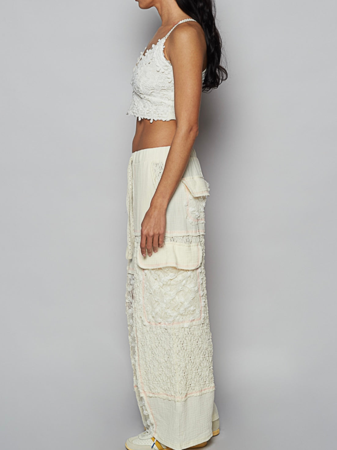 Off white pattern pants and top set