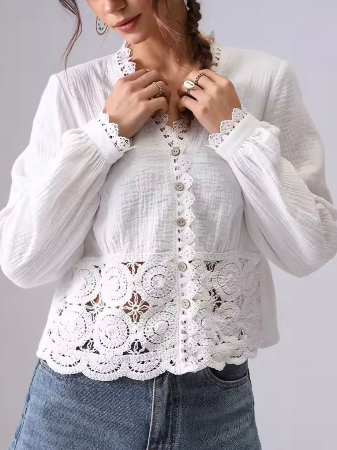 White lace cutout shirt wavy edge