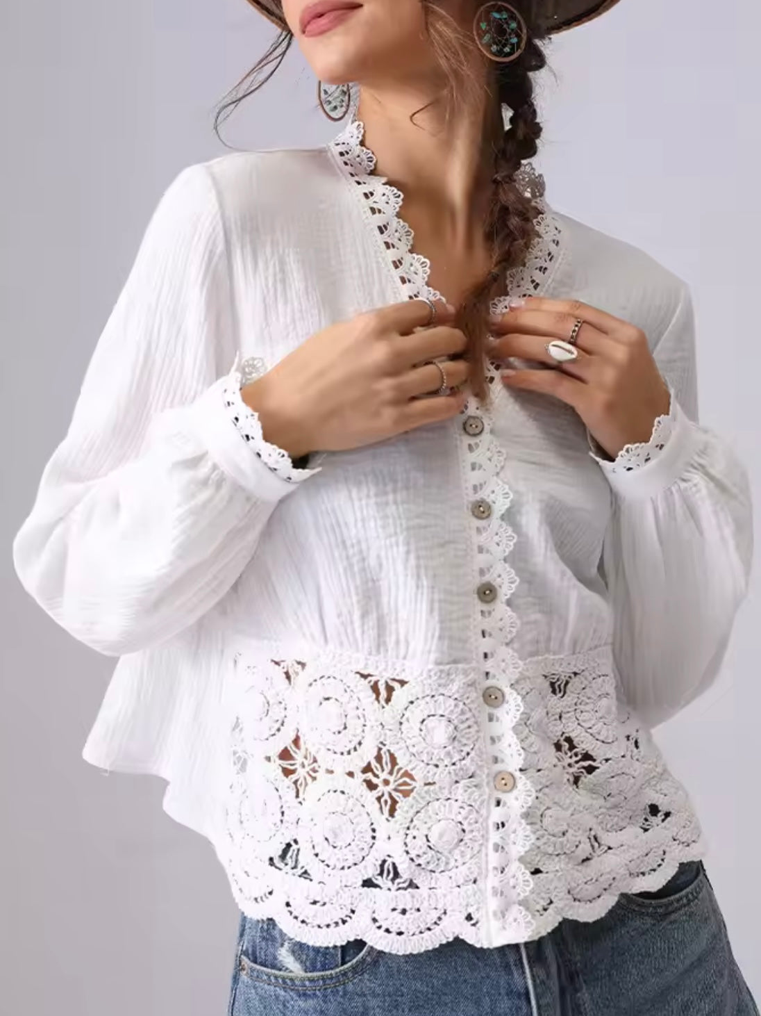 White lace cutout shirt wavy edge