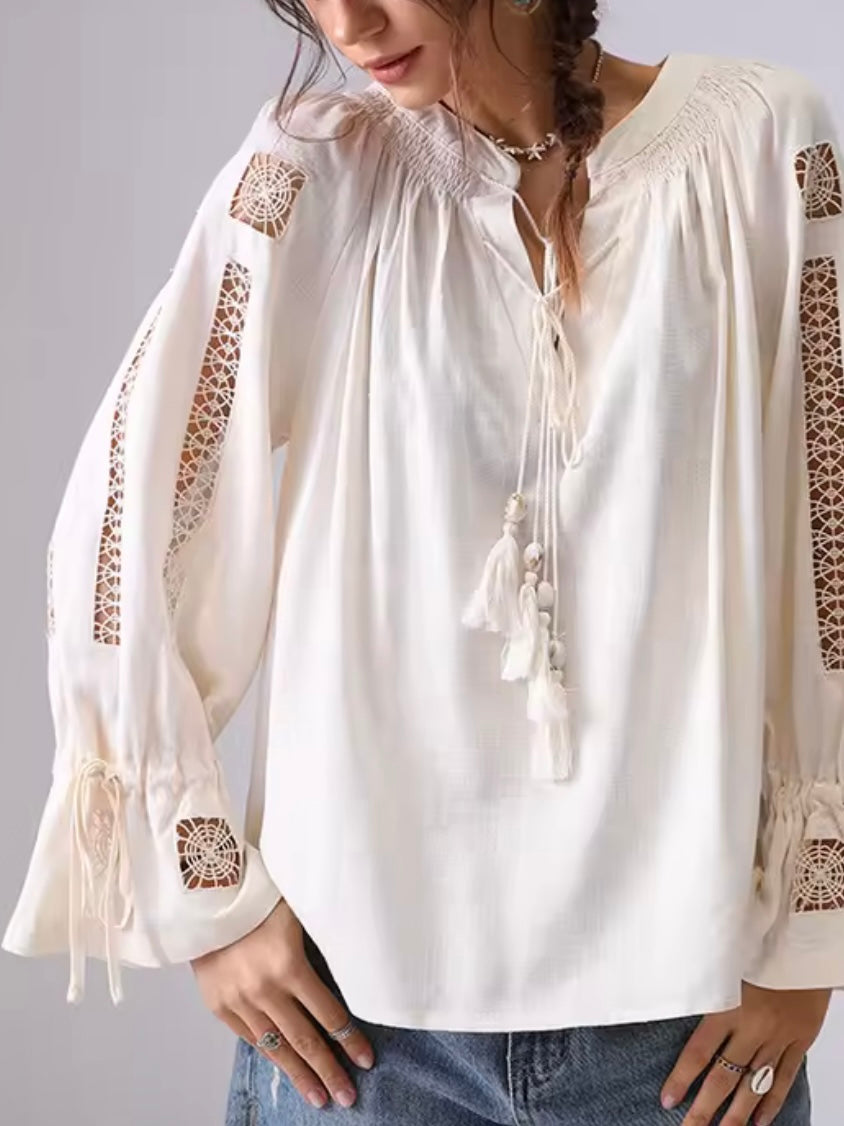 Beige lace cutout shirt flare cuffs