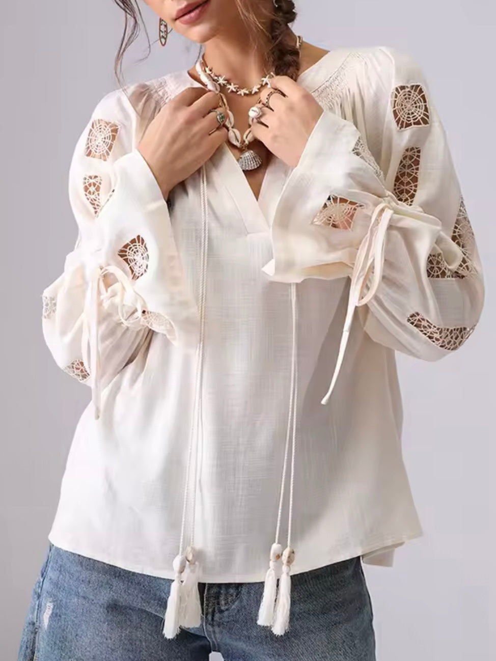 Beige lace cutout shirt flare cuffs