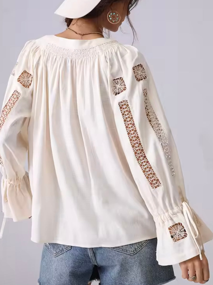 Beige lace cutout shirt flare cuffs