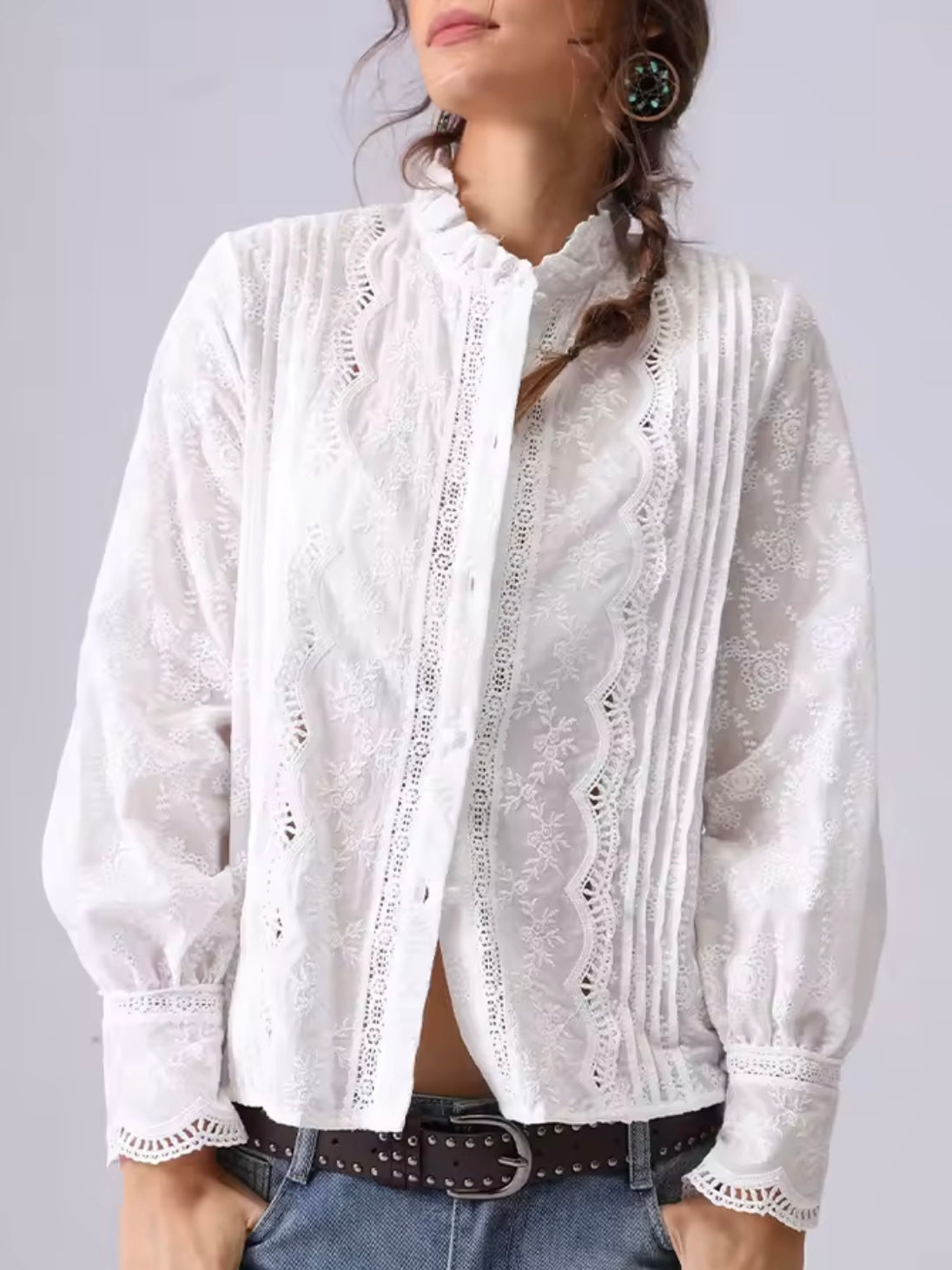 White lace cutout shirt halter neck