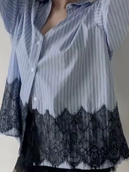 Light blue oversized striped printed and black lace shirt