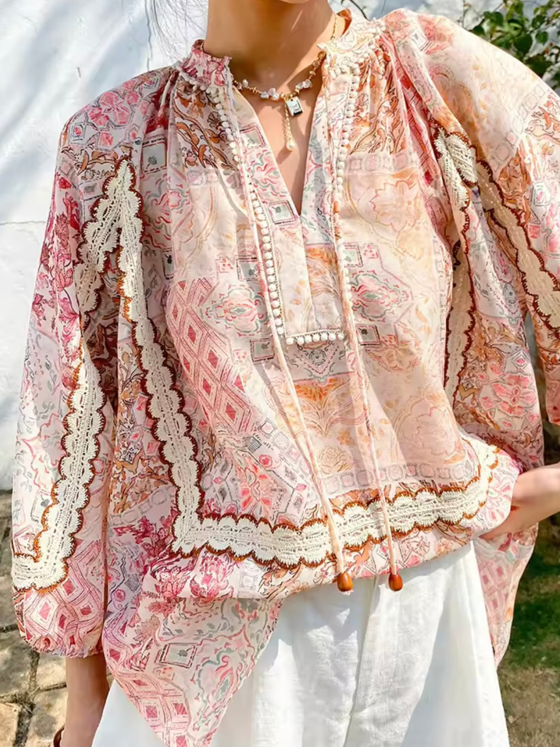 Pink printed and black lace shirt