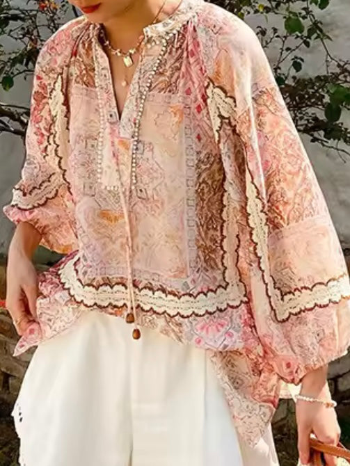 Pink printed and black lace shirt