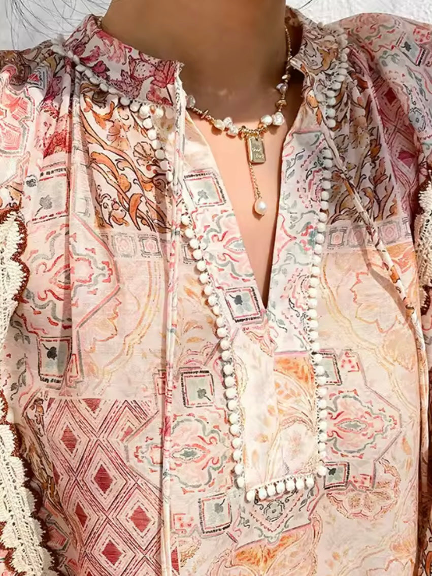Pink printed and black lace shirt