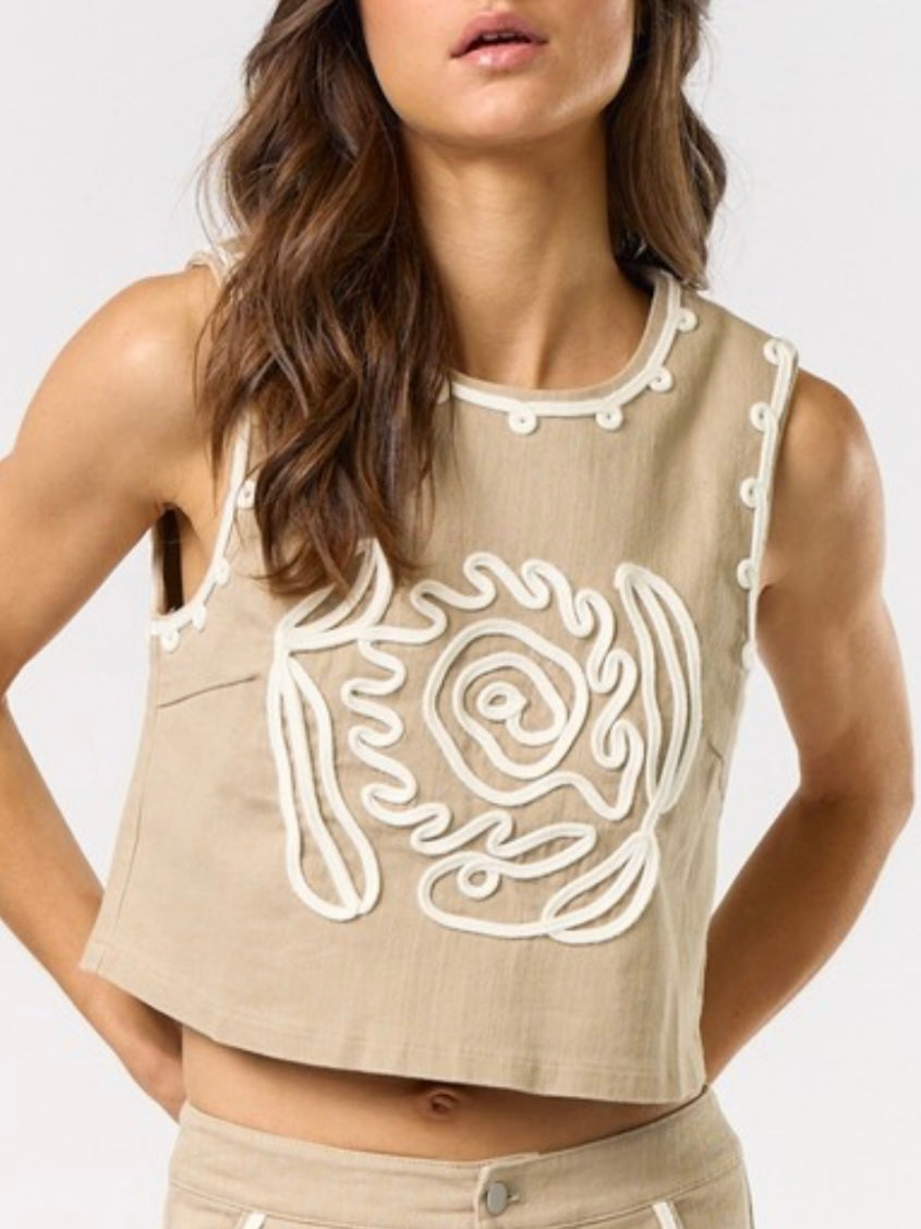 Beige and white floral embroidered texture top