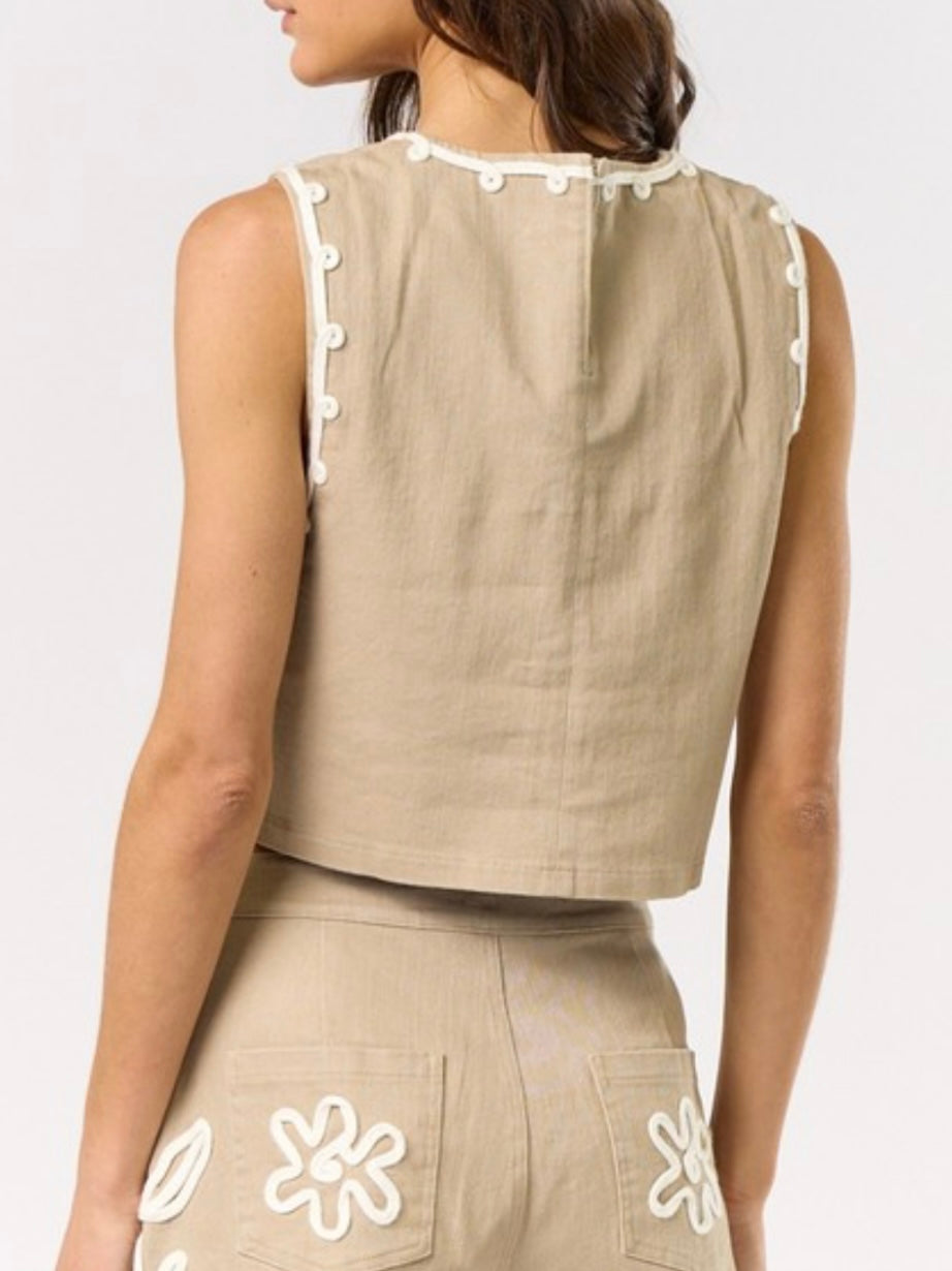 Beige and white floral embroidered texture top