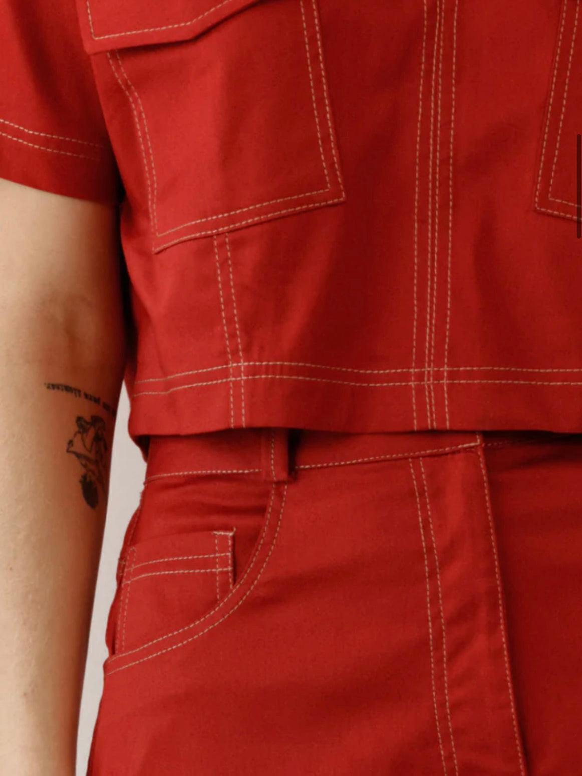 Red denim straight pants