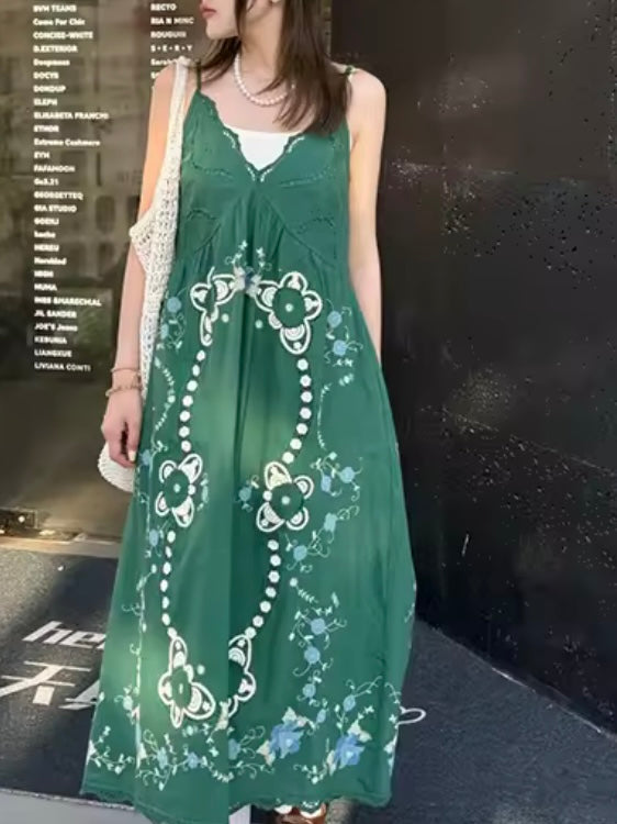 Green and white lace sleeveless maxi dress