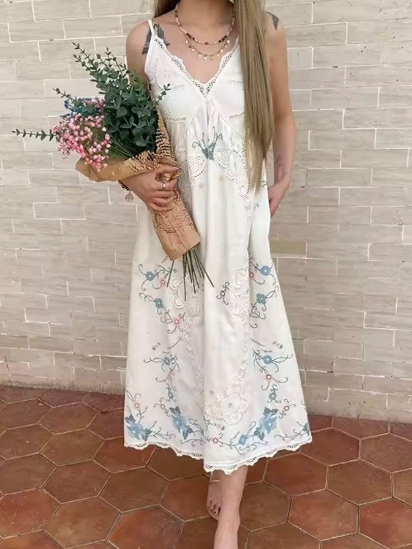 Green and white lace sleeveless maxi dress