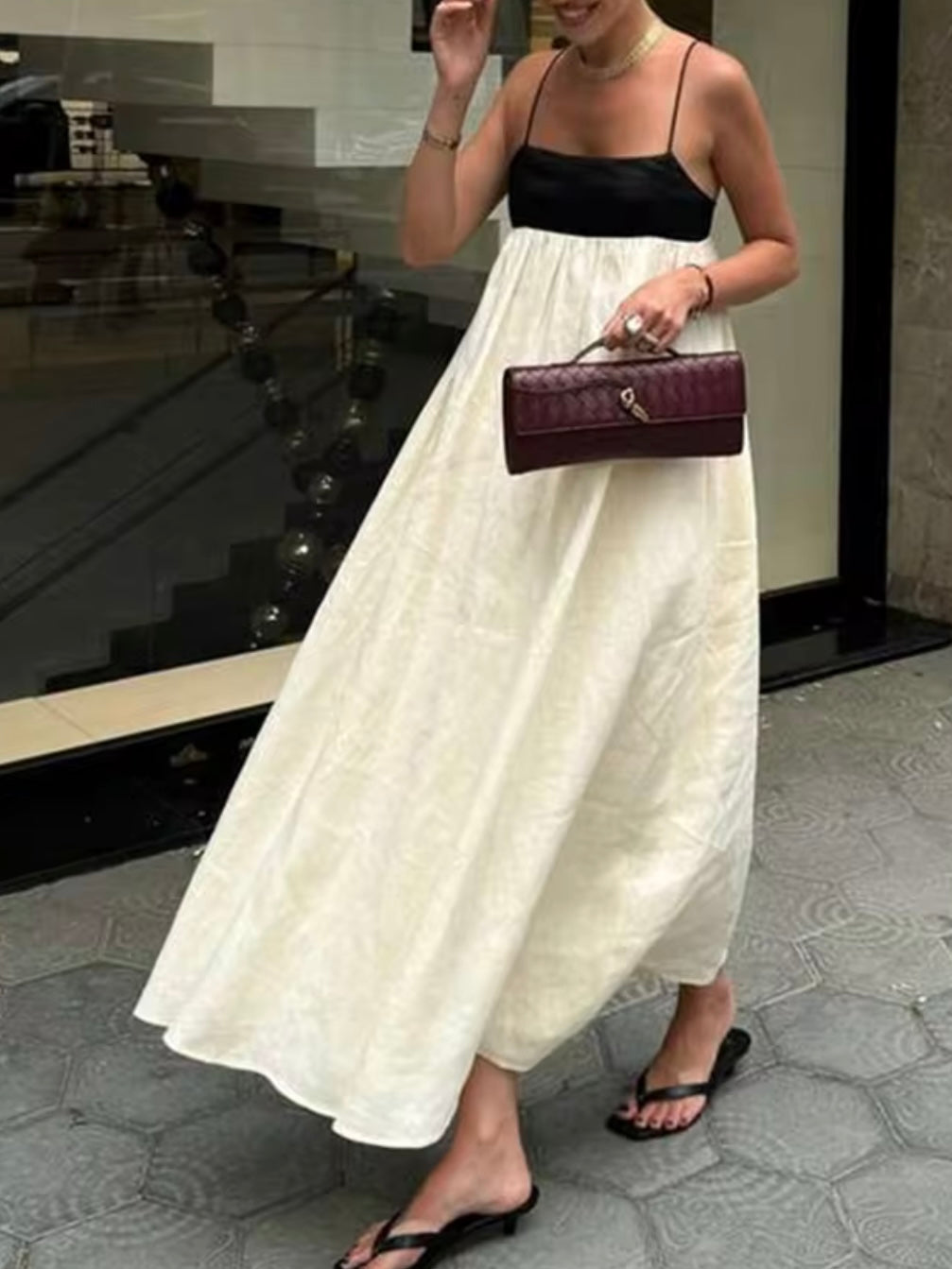 Beige and black sleeveless maxi dress