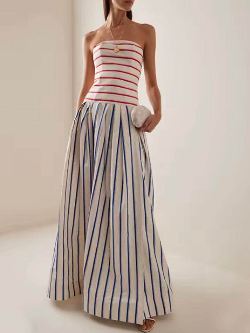 White striped strapless lace maxi dress