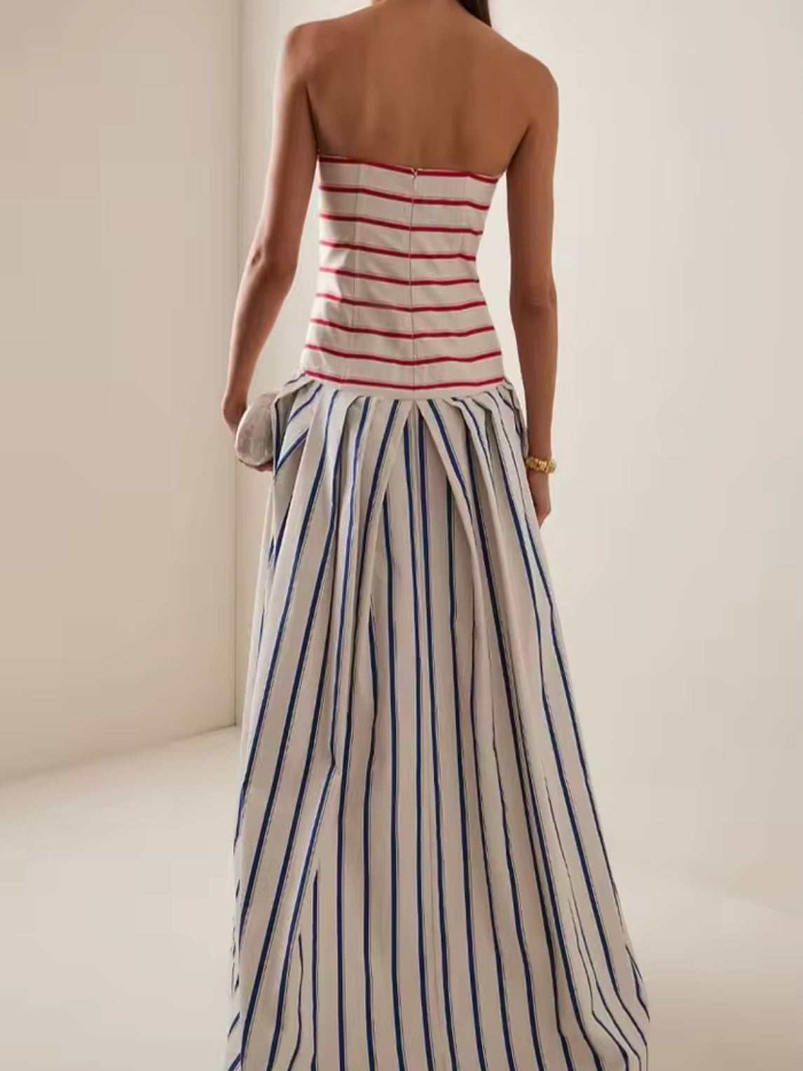 White striped strapless lace maxi dress