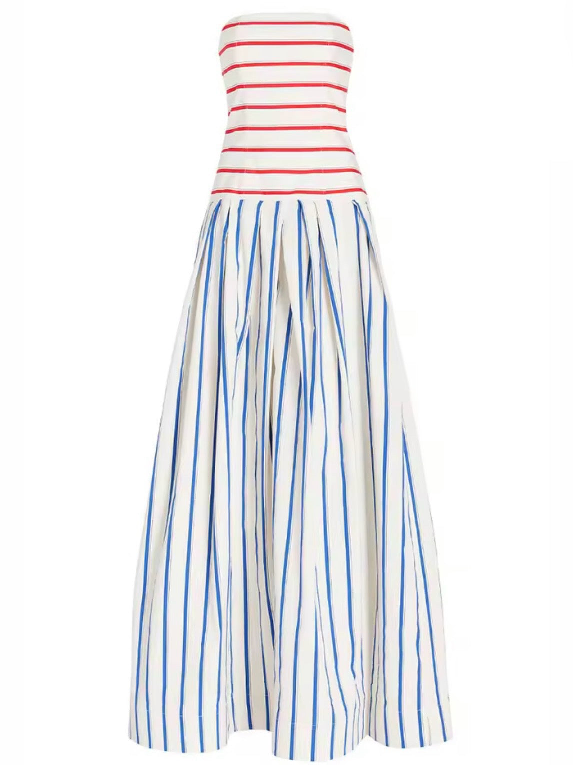 White striped strapless lace maxi dress