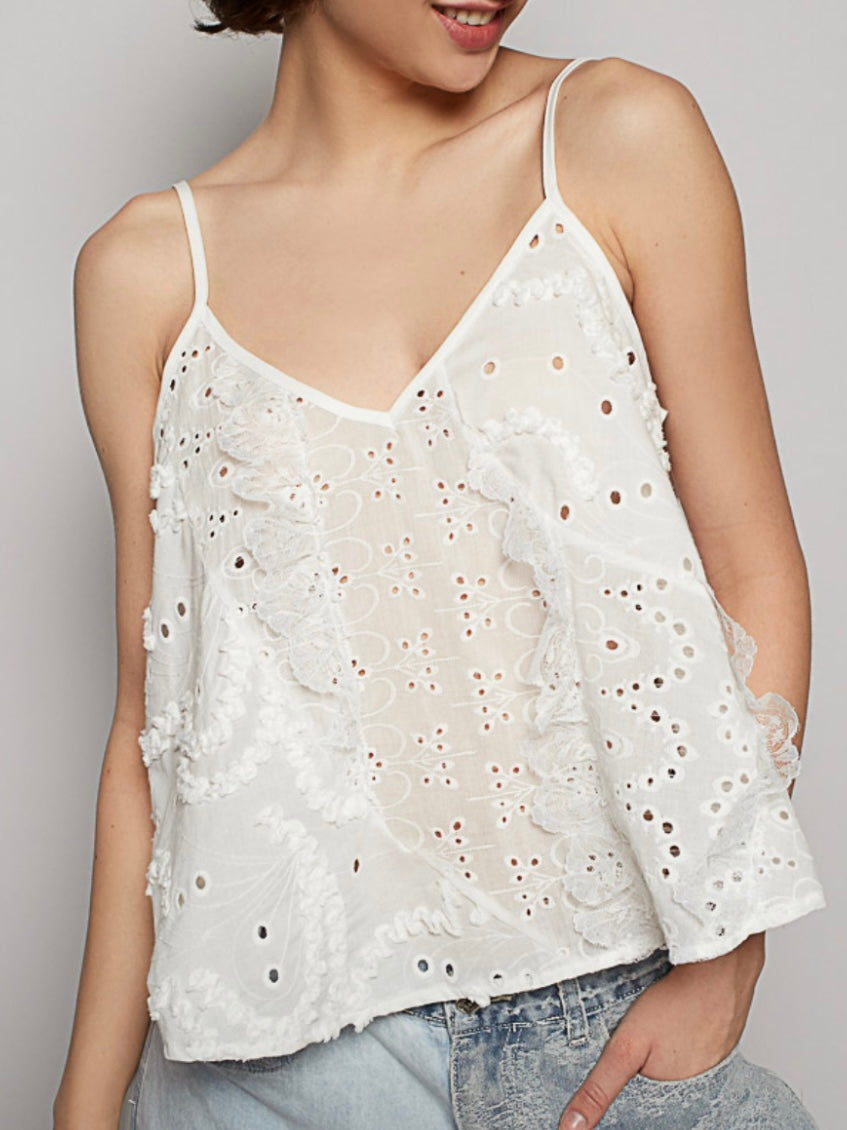 White sleeveless lace cutout top