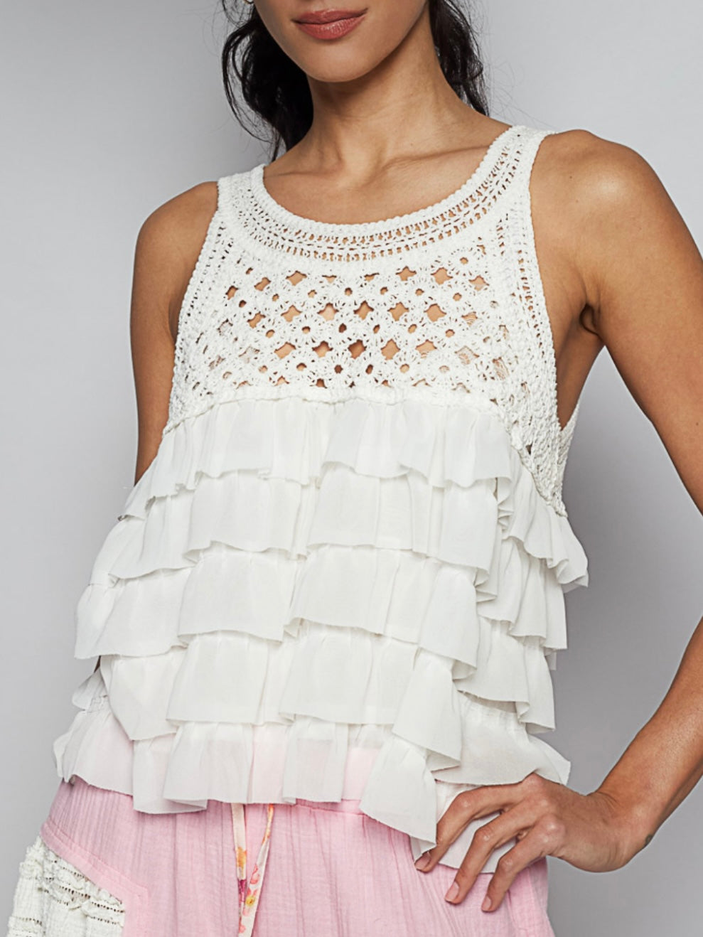 White sleeveless layered ruffle cutout top