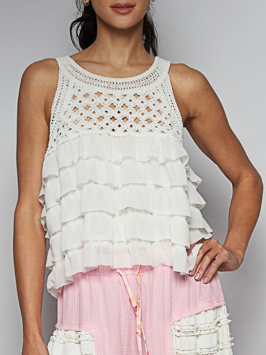 White sleeveless layered ruffle cutout top