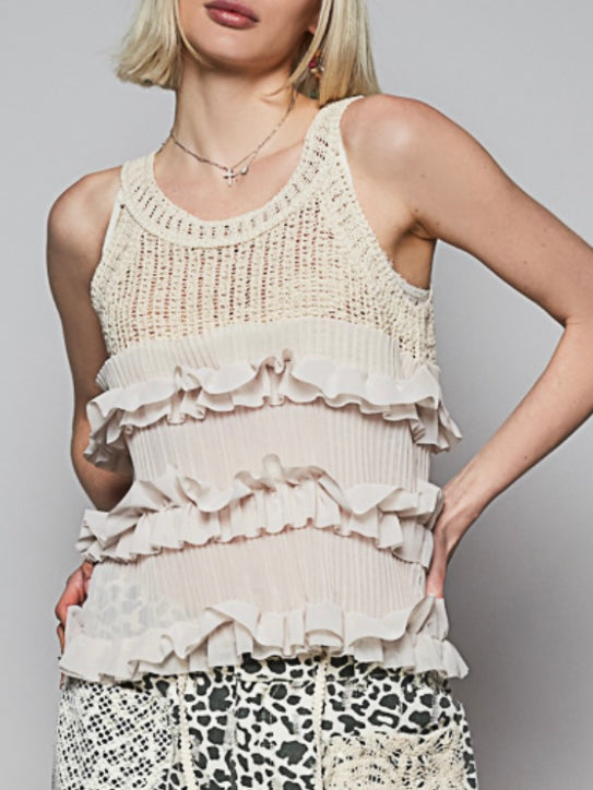 Beige sleeveless layered ruffle cutout top