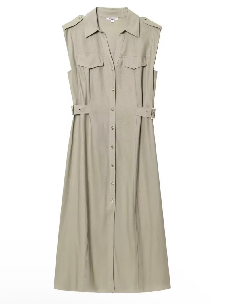 Light gray buttoned short sleeves midi dress