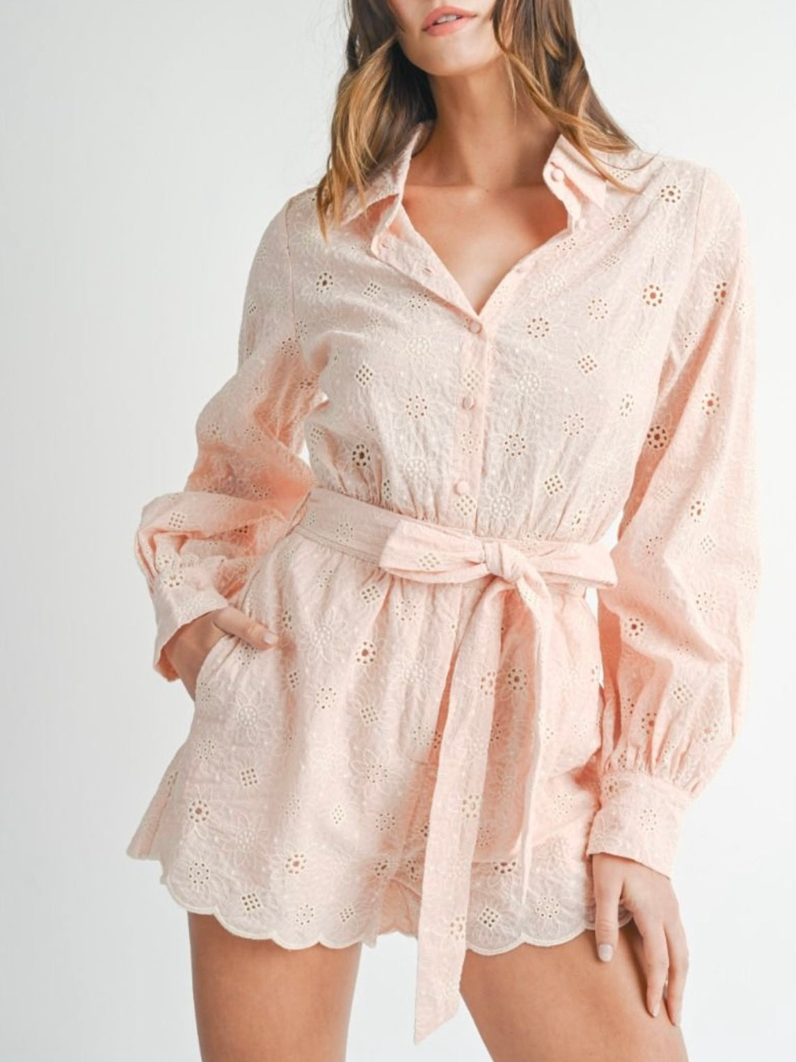 Pink and white lace romper
