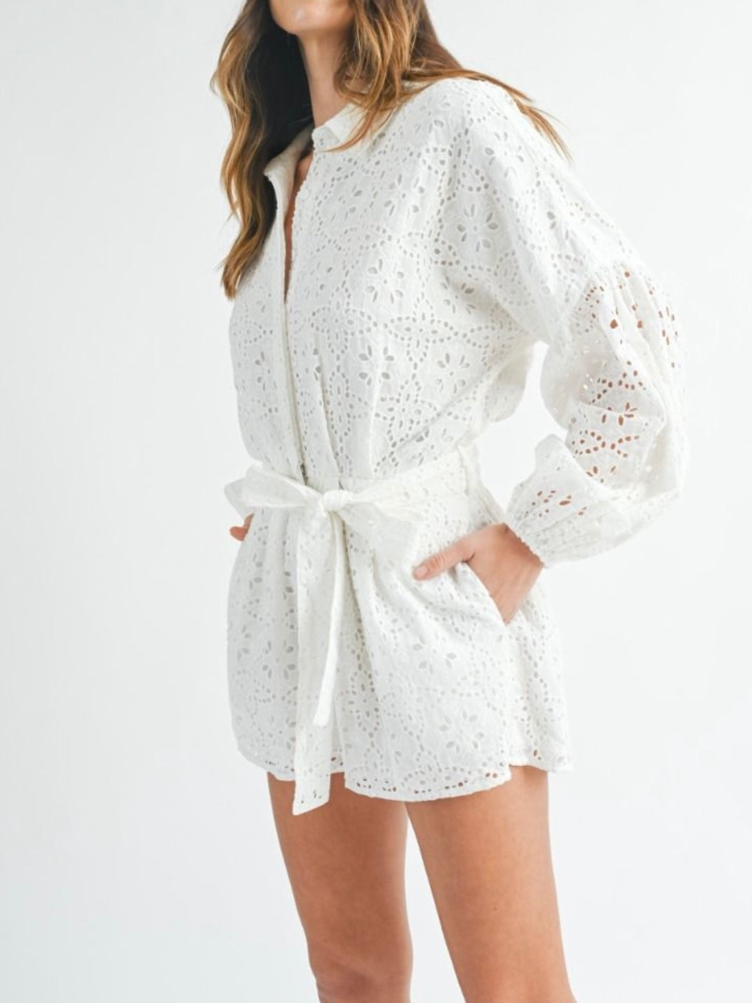 Pink and white lace romper