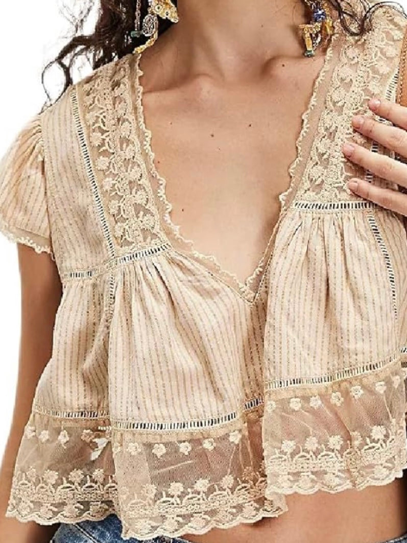 Beige lace and ruffled crop top