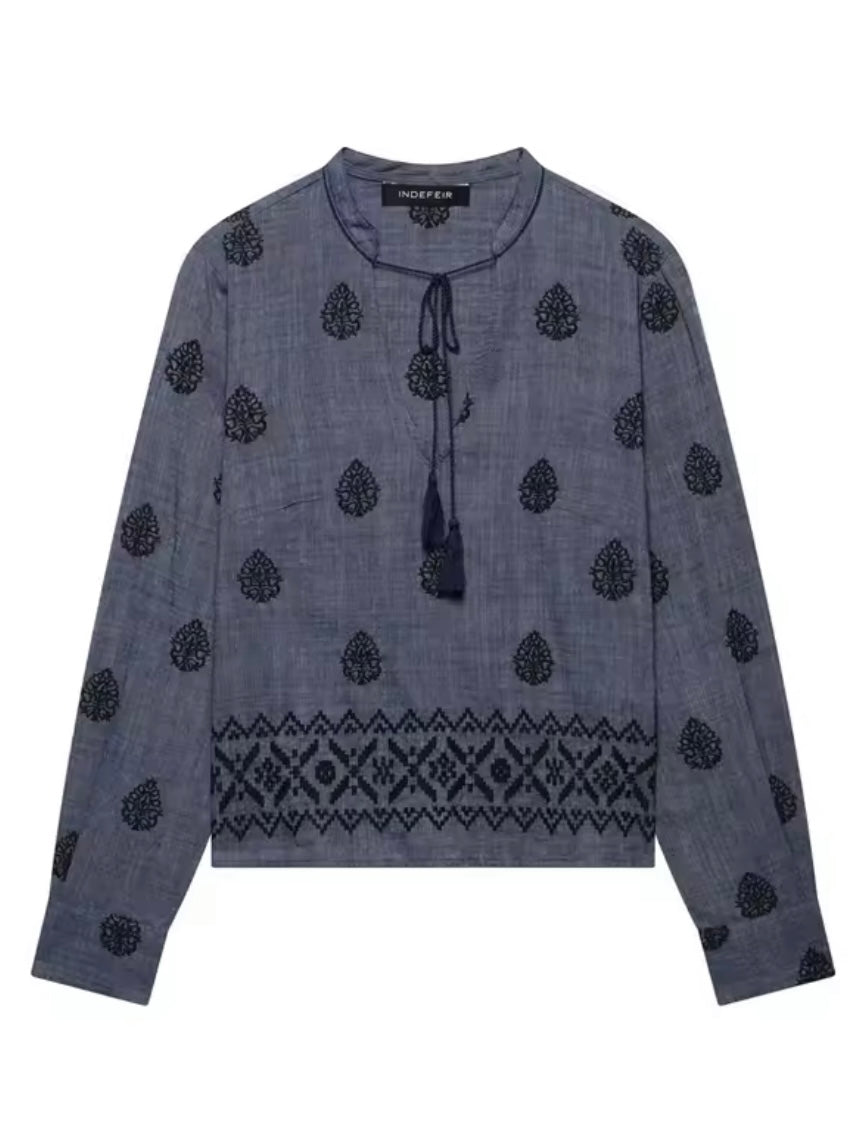 Dark blue and black embroidered details straight pants and shirt set