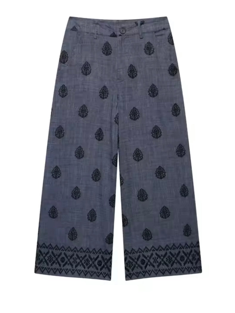 Dark blue and black embroidered details straight pants and shirt set