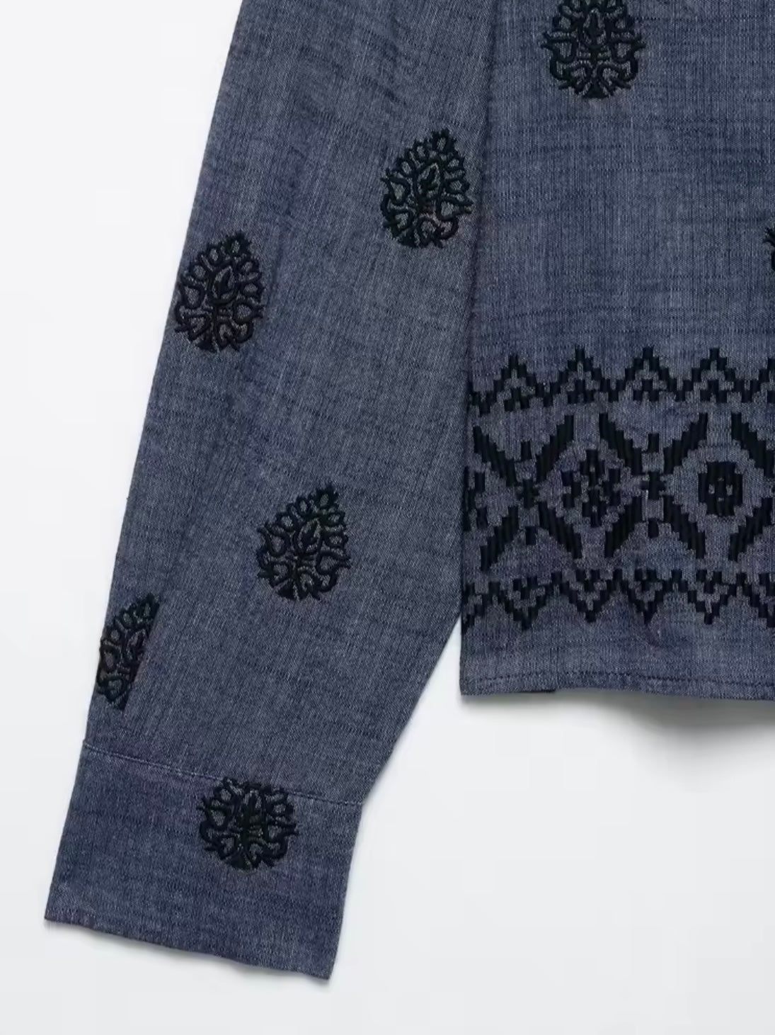 Dark blue and black embroidered details straight pants and shirt set