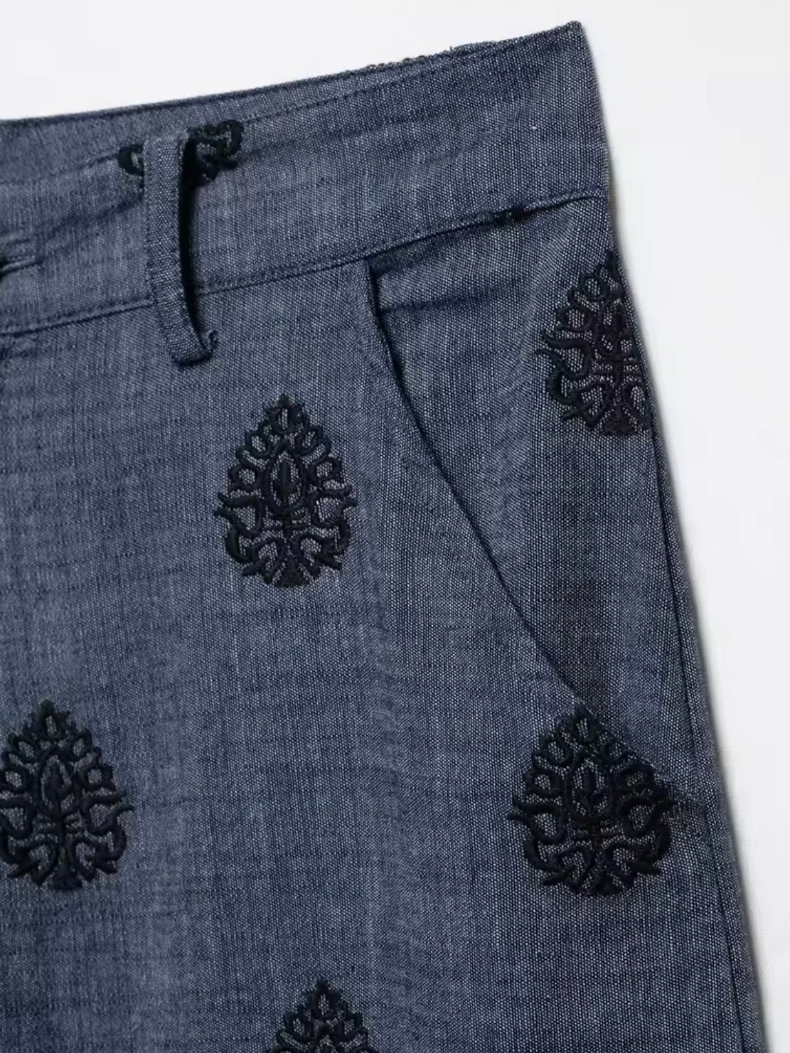 Dark blue and black embroidered details straight pants and shirt set