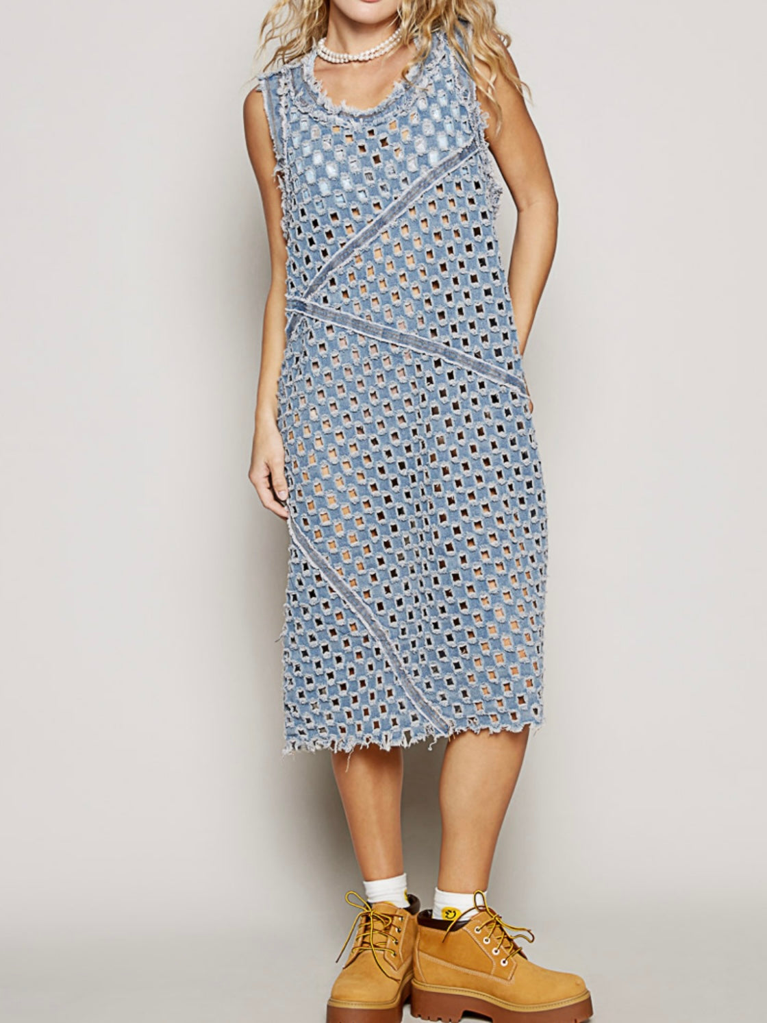 Denim cutout net beach and pool coverup