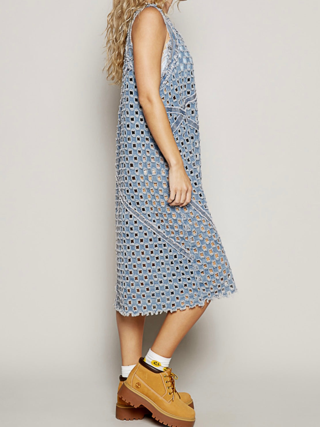 Denim cutout net beach and pool coverup