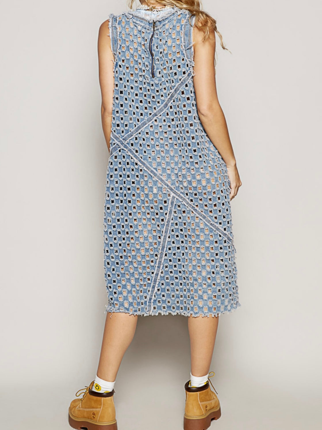 Denim cutout net beach and pool coverup