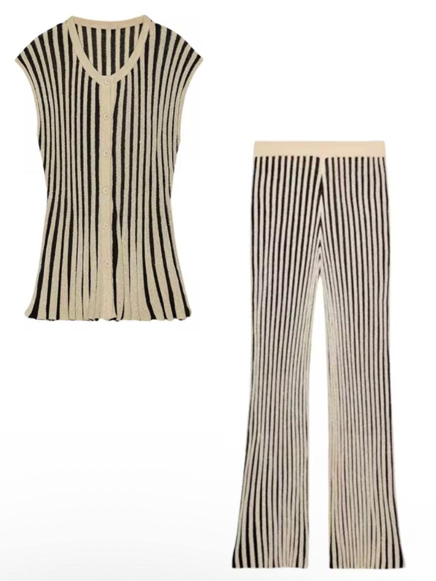Beige and black striped towel fabric set pants and top