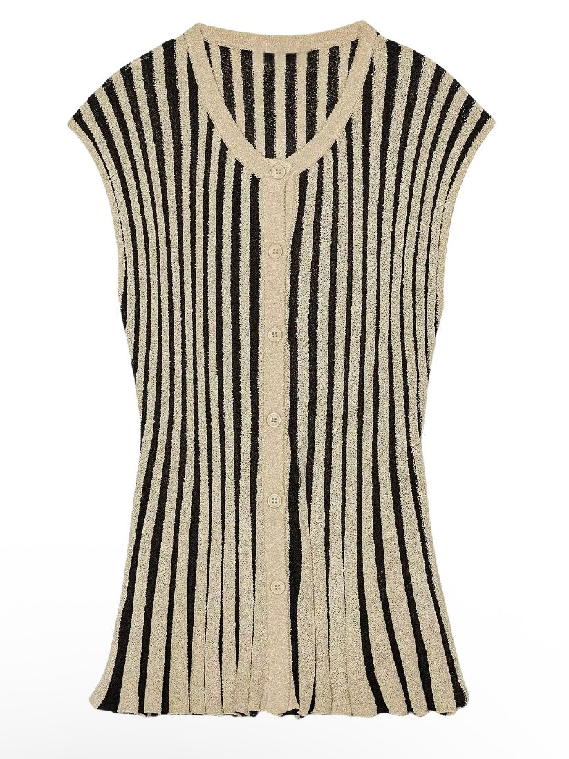 Beige and black striped towel fabric set pants and top