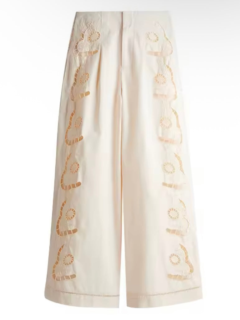 Beige cutout fabric wide leg loose pants