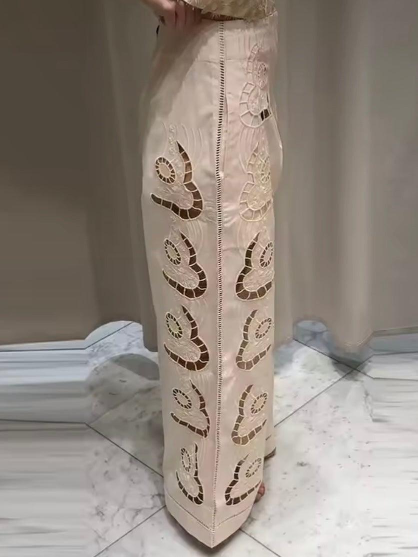 Beige cutout fabric wide leg loose pants