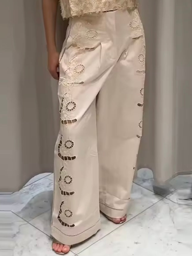 Beige cutout fabric wide leg loose pants