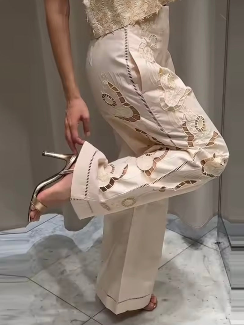 Beige cutout fabric wide leg loose pants