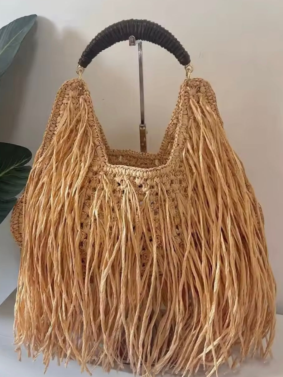 Brown straw hairy handbag