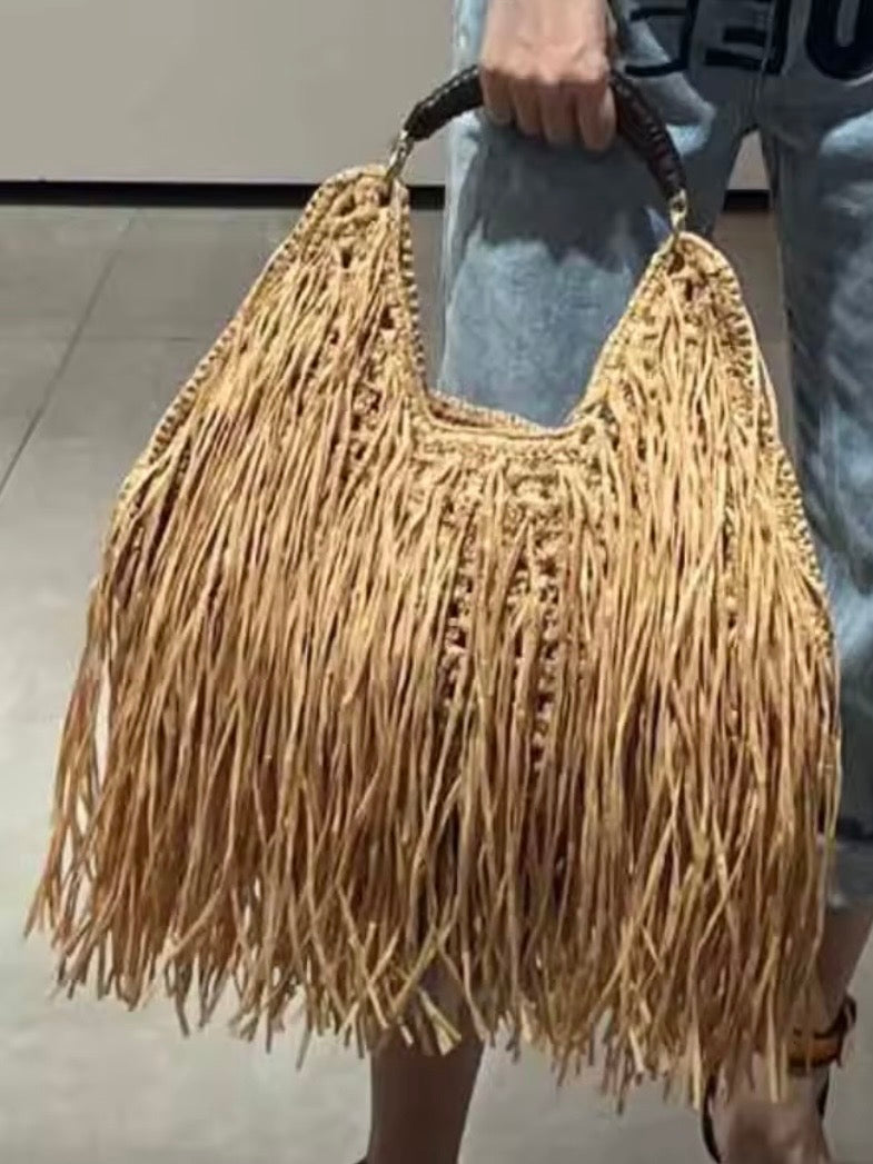 Brown straw hairy handbag