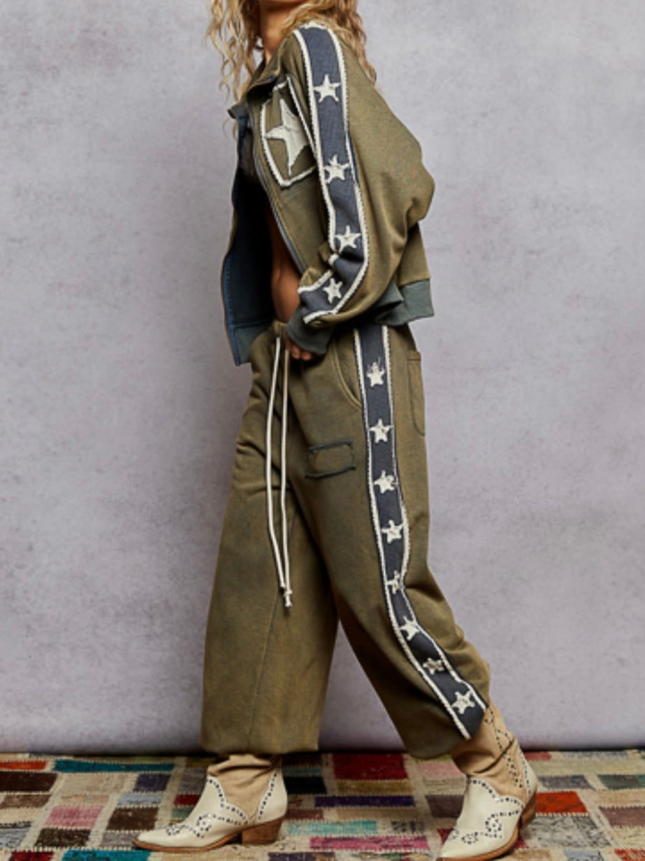 Set Green stars details cargo patched jacket and pants
