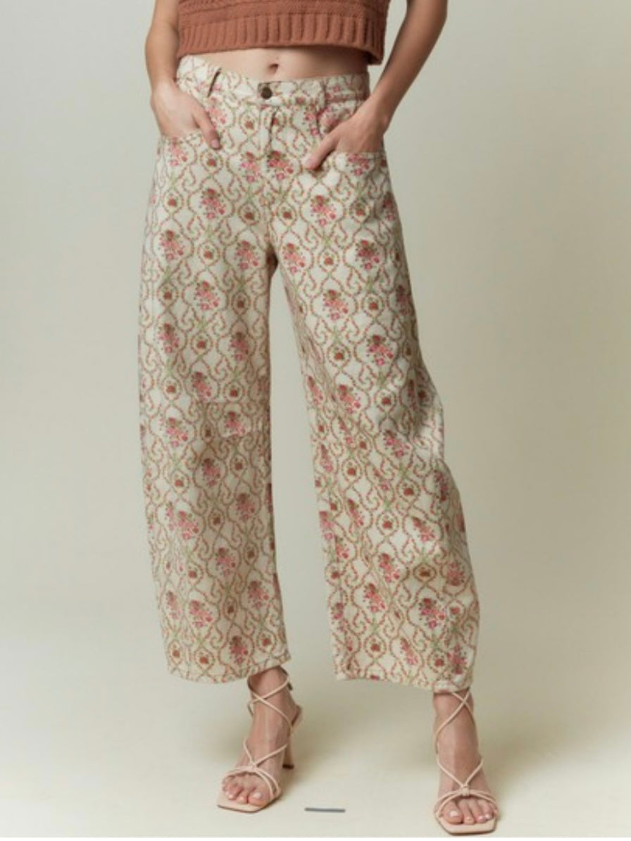 Beige floral printed barrel jeans pants