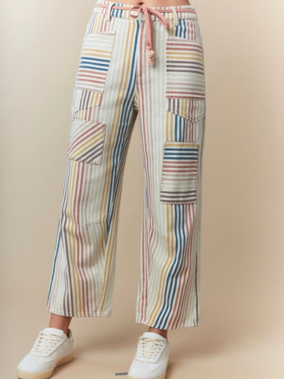 Beige striped printed straight jeans pants