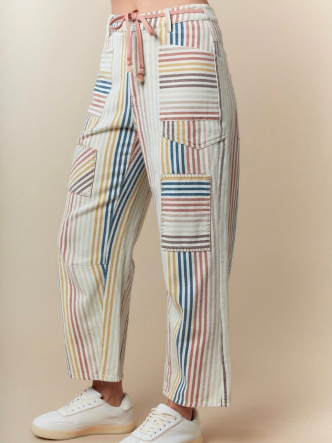 Beige striped printed straight jeans pants